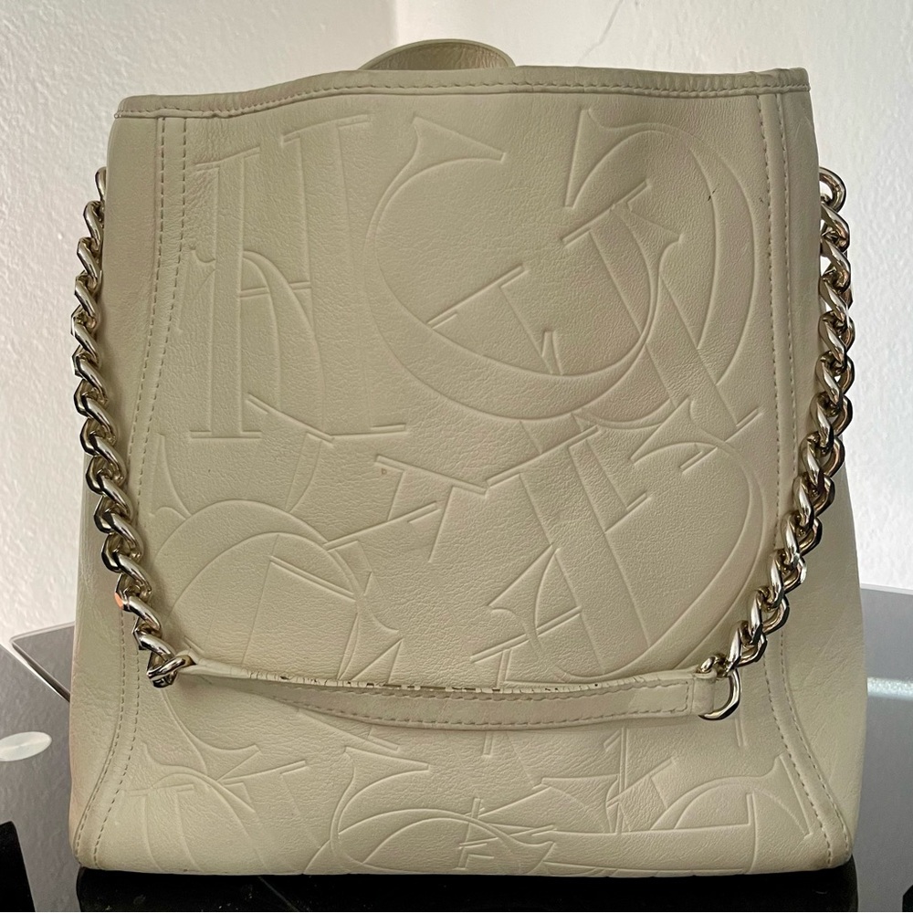 Carolina Herrera Cream Embossed Shoulder Bag with Chain Handle